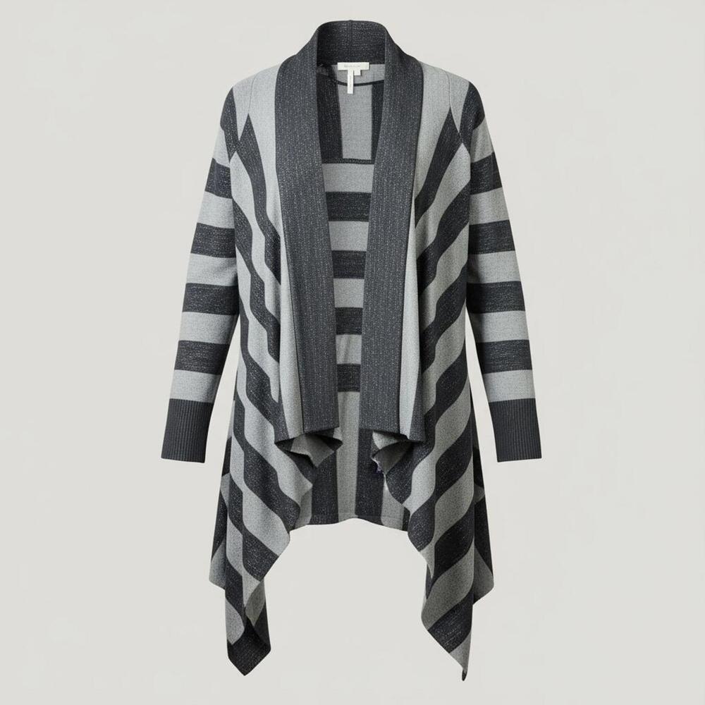 BCBGeneration Striped Long Cardigan Duster Sweater M Gray Black Open Front Knit